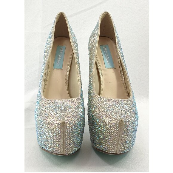 Blue by Betsey Johnson Champagne Sparkly Rhinestones Wish Heels Platforms Pumps - Picture 6 of 9